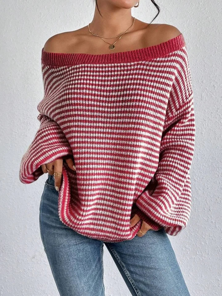 Women's Oversized Striped Knit Sweater - Casual Autumn Wool Pullover with Puff Long Sleeves and Crewneck Millicent