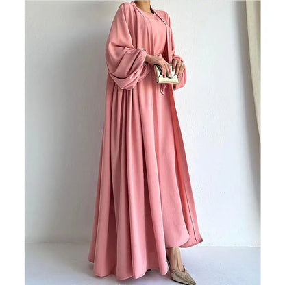 Two-Piece Abaya Set with Long Sleeve Outer & Sleeveless Inner Dress – Dubai & Turkey Style Muslim Nabila