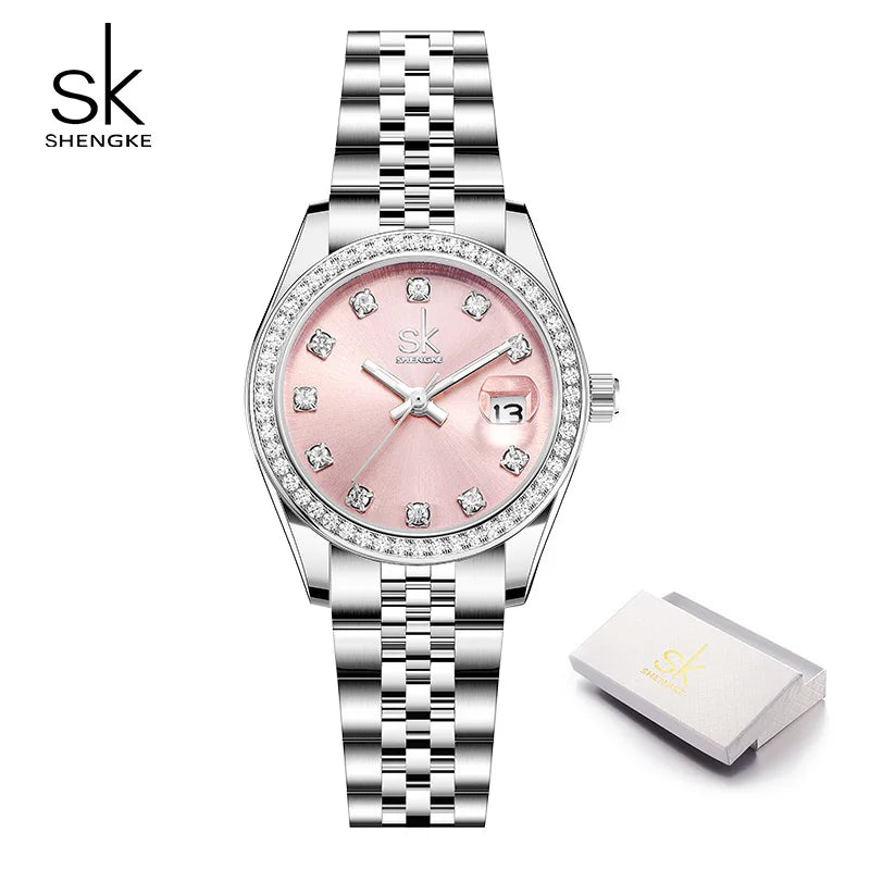 Shengke Elegant Women's Crystal-Accented Quartz Watch with Solid Alloy Steel Band and Calendar – Perfect Dress Watch for Women