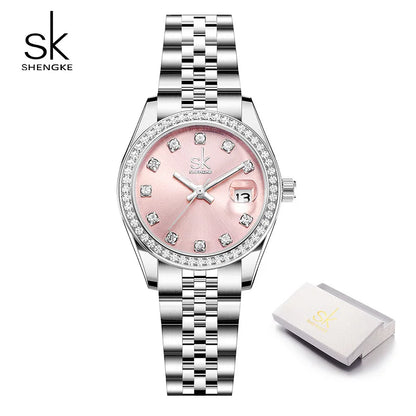 Shengke Elegant Women's Crystal-Accented Quartz Watch with Solid Alloy Steel Band and Calendar – Perfect Dress Watch for Women