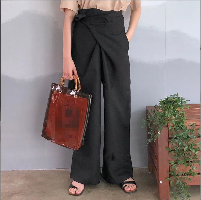 Women's Casual High-Waist Lace-Up Wide-Leg Pants - Solid Color, Loose Fit