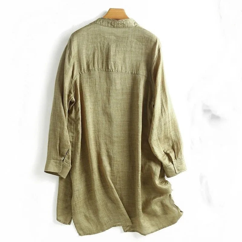 Women Long Shirts Cotton Linen Stand Collar Retro Long Sleeve Button Spring Summer Tops Casual Shirt
