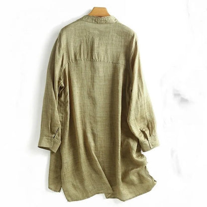 Women Long Shirts Cotton Linen Stand Collar Retro Long Sleeve Button Spring Summer Tops Casual Shirt