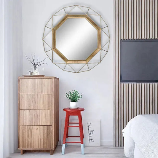 Large Octagonal Wrought Iron Wall Mirror – Metal Hanging Hook Decorative Art for Living Room and Home Decor