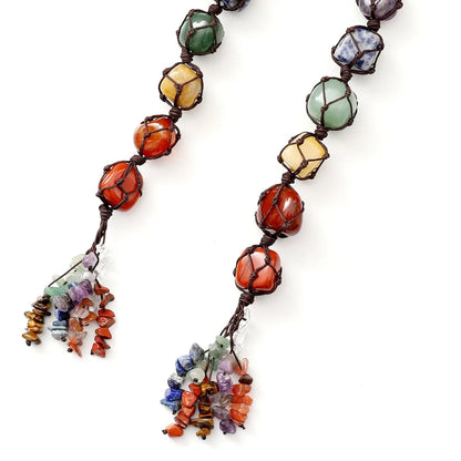 7 Chakra Irregular Natural Stone Pendant – Multicolor Handwoven Seven Chakra Energy Healing Crystal Gemstone Car Charm