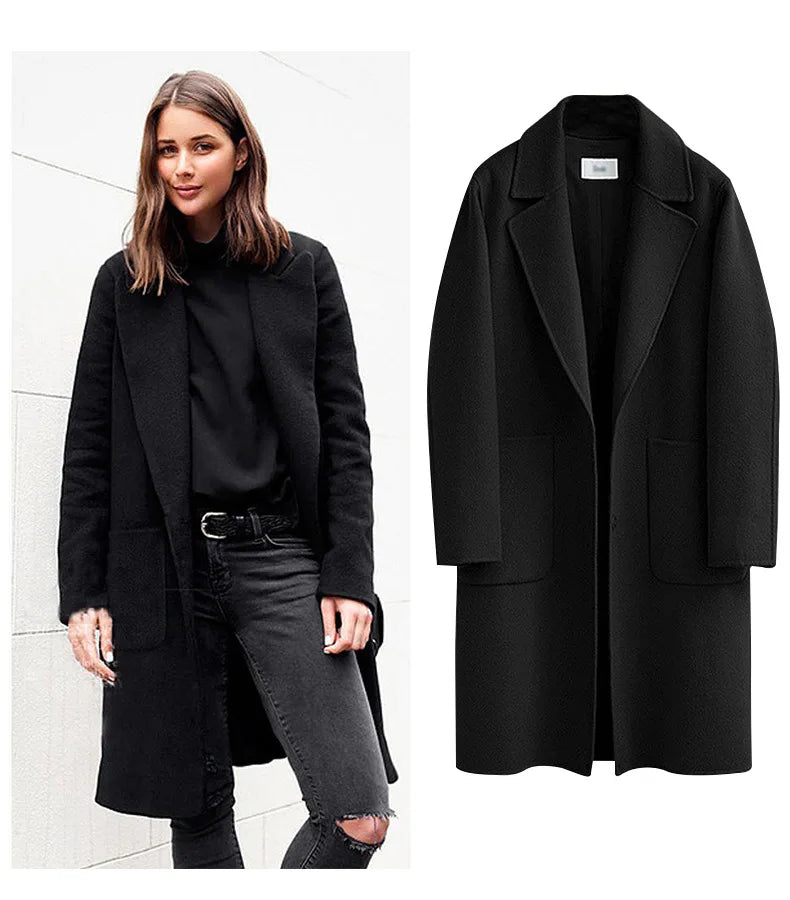 Women's Double-Sided Woolen Coat - Long Loose Jacket with Cotton Filling & Pockets for Autumn Winter Catrina