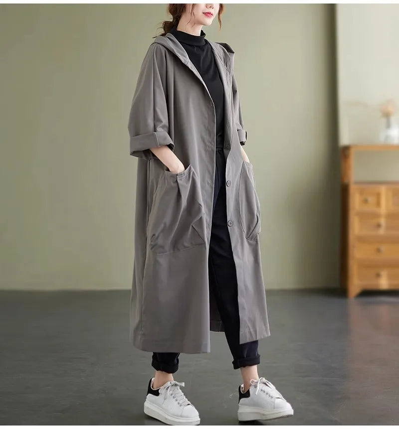 Casual Hooded Women's Coat with Pockets – Loose-Fit Long Autumn Jacket Ruby