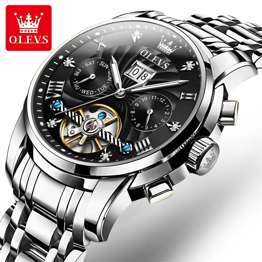 OLEVS 9910 Men's Luxury Tourbillon Watch - Automatic Mechanical, Stainless Steel Strap, Waterproof, Luminous Dial, Auto Date Display, Business Style