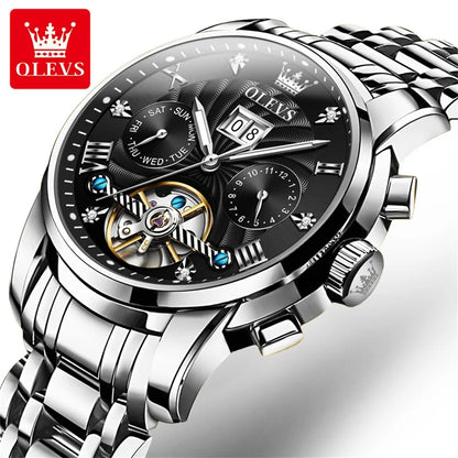 OLEVS 9910 Men's Luxury Tourbillon Watch - Automatic Mechanical, Stainless Steel Strap, Waterproof, Luminous Dial, Auto Date Display, Business Style