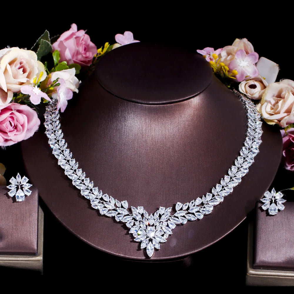 5-Color Sparkling White Cubic Zirconia Necklace & Earrings Set – Luxury Bridal Wedding Jewelry Accessories for Women Melanie