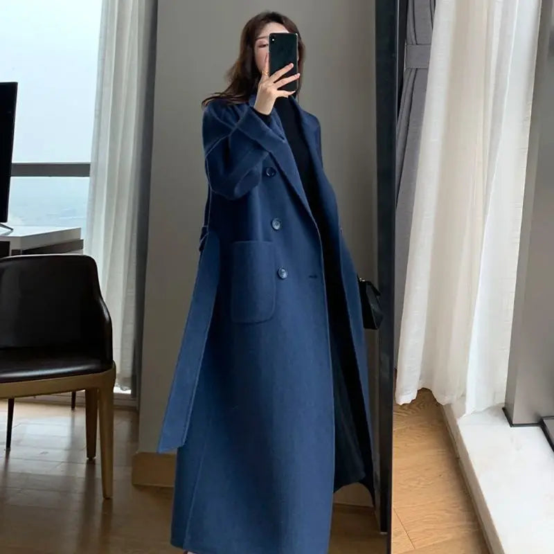 Women's Long Wool Coat – Elegant Solid Color Lapel V-Neck Midi Overcoat Victoria