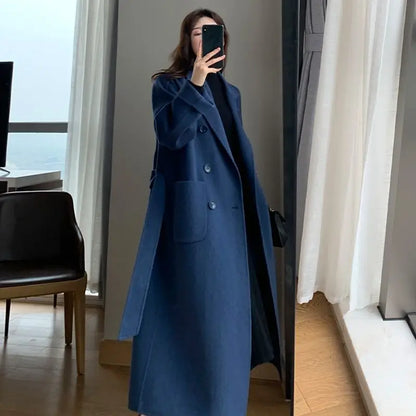 Women's Long Wool Coat – Elegant Solid Color Lapel V-Neck Midi Overcoat Victoria