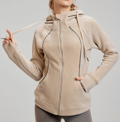 Women's Fleece Thickened Hoodie Jacket – Full Zip Winter Workout Top with Zipper Pocket, Warm Yoga Sweatshirt for Women