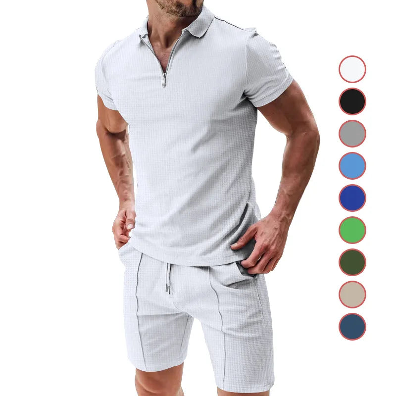 Men's Summer Polo Shirt Set | Solid Color Waffle Short-Sleeve Slim Lapel T-Shirt & Casual Outfit Carlo