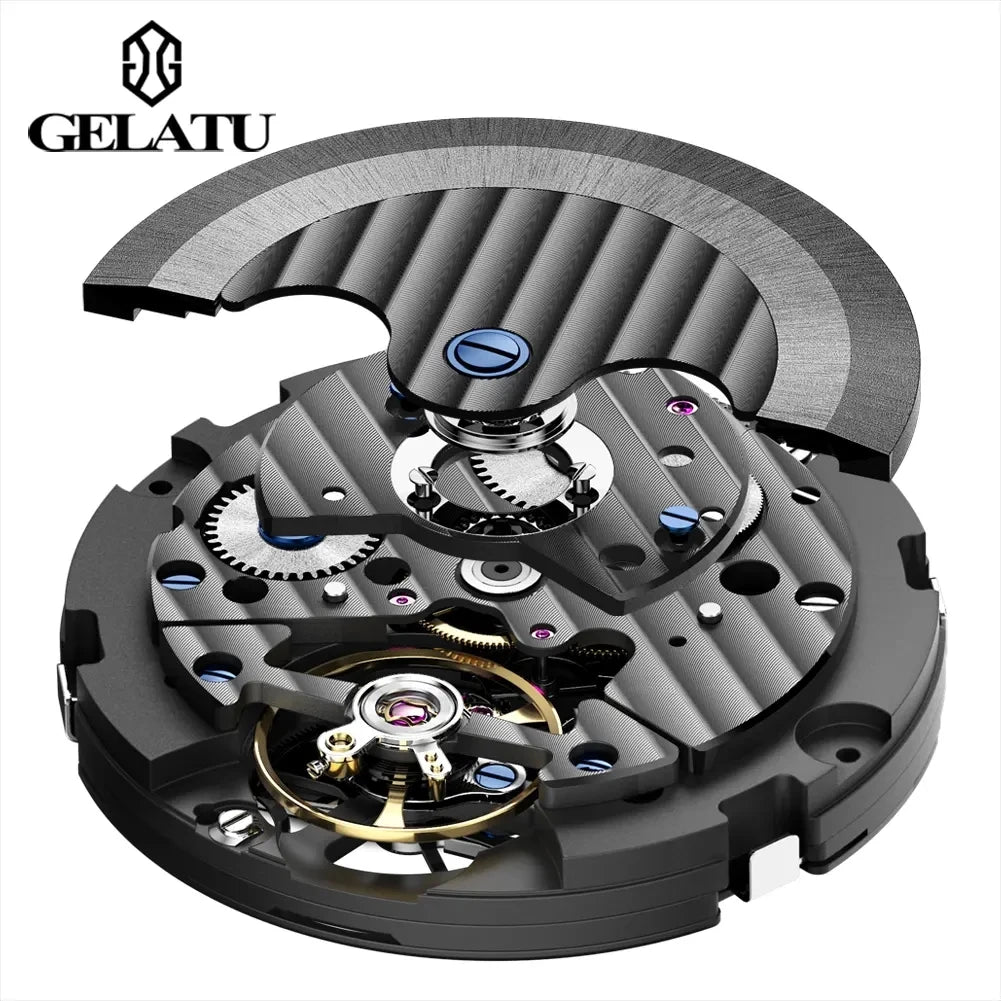 Gelatu 6013 Men's Waterproof Tourbillon Skeleton Automatic Mechanical Watch with Calendar & Luminous Hands