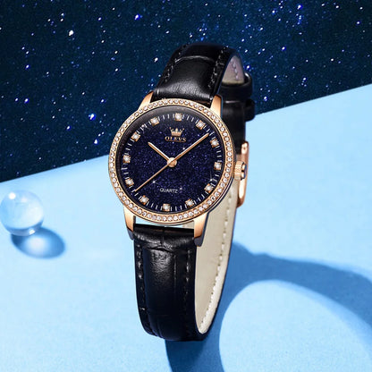 OLEVS 5605 Women’s Quartz Watch | Elegant Leather Strap, Diamond Luminous Dial Katsa