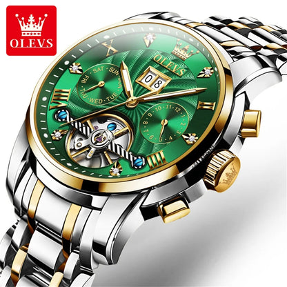 OLEVS 9910 Men's Luxury Tourbillon Watch - Automatic Mechanical, Stainless Steel Strap, Waterproof, Luminous Dial, Auto Date Display, Business Style