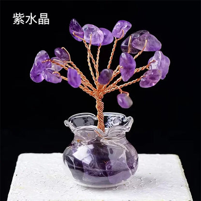 Natural Crystal Fortune Tree – Hand-Woven Mini Crystal Tree Ornaments with Gravel Gems in Glass Vases