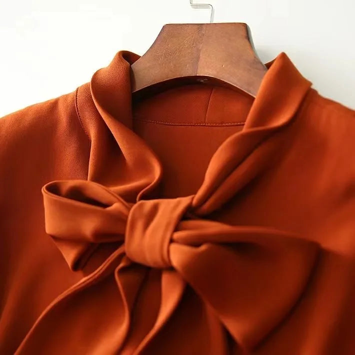 Women's Solid Color Bow Tie Blouse - Long Sleeve Casual Shirt, High-Quality Pullover Top