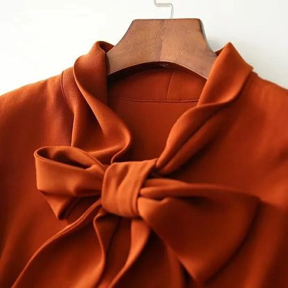 Women's Solid Color Bow Tie Blouse - Long Sleeve Casual Shirt, High-Quality Pullover Top