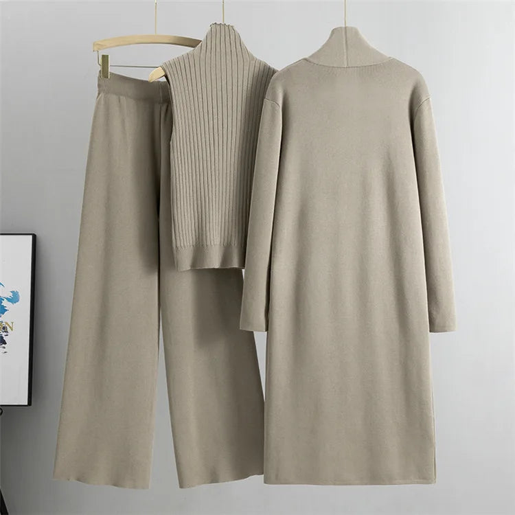 Casual Women’s 3-Piece Knitted Sweater Set – Vest, Long Cardigan, and Leggings | Stylish Loungewear & Outerwear for Women Leona