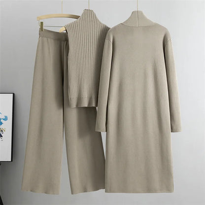 Casual Women’s 3-Piece Knitted Sweater Set – Vest, Long Cardigan, and Leggings | Stylish Loungewear & Outerwear for Women Leona