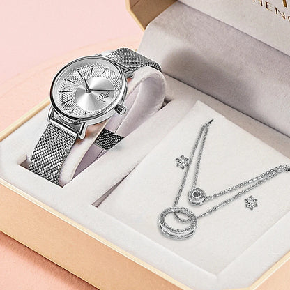 SK Women’s Watch and Bracelet Set – Fashion Bling Jewelry Gift Set with Necklace | Stylish Ladies Wristwatch Set