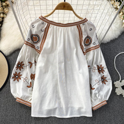 Women's Blouse Retro Ethnic Style Long Sleeve Round Neck Loose Embroidered Cotton Hemp Pullover Shirt