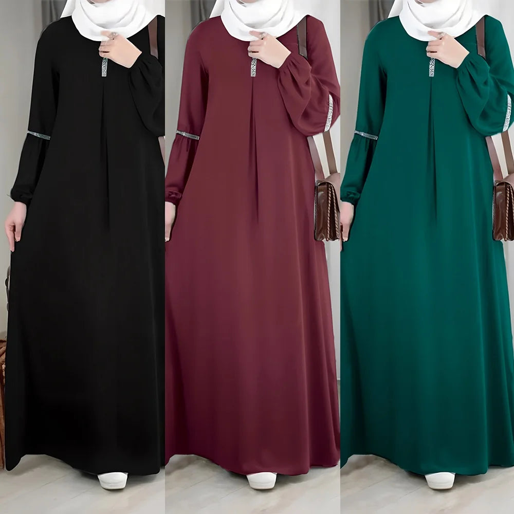 Long-Sleeve Abaya – Middle Eastern Sequin Sun Skirt Dress for Women, Polyester Casual Wear