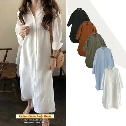 Women Loose Cotton Linen Shirt Dress Single Breasted Long Sleeve Top Spring Summer Lady Casual Dress