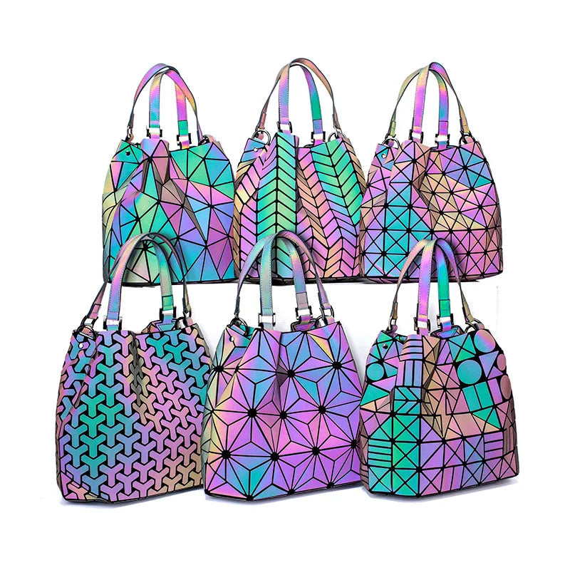 Reflective Geometric Handbag - Customizable Bucket Bag with Luminous Folding Design Dahlia