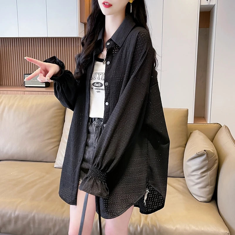Women's Summer Loose Polo Collar Thin Cardigan – Breathable Sun Protection Coat & Medium-Long Shirt Glenda