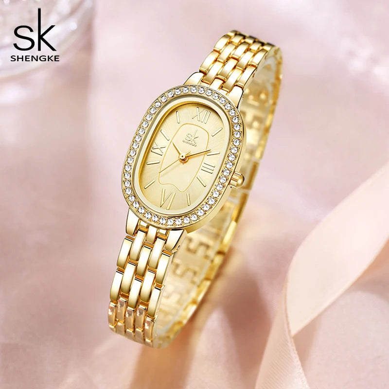 Shengke Women's Luxury Oval Crystal Watch – Elegant Diamond-Accented Fashion Wristwatch with Alloy Bracelet for Girls and Women