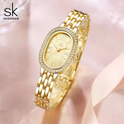 Shengke Women's Luxury Oval Crystal Watch – Elegant Diamond-Accented Fashion Wristwatch with Alloy Bracelet for Girls and Women