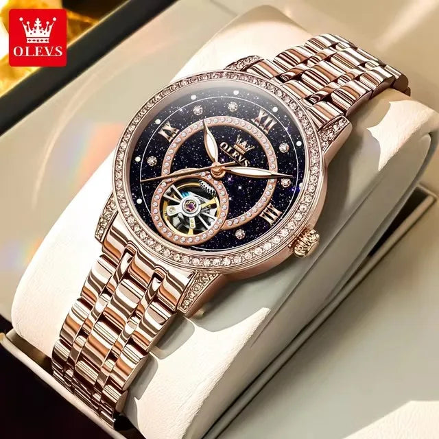 OLEVS 7036 Women’s Skeleton Mechanical Watch – Diamond Bezel Elegant Automatic Ladies Wristwatch