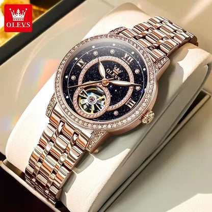 OLEVS 7036 Women’s Skeleton Mechanical Watch – Diamond Bezel Elegant Automatic Ladies Wristwatch
