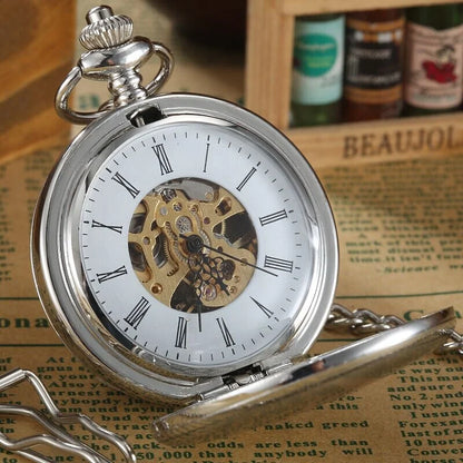 Blank Silver Smooth Double Full Hunter Case Pocket Watch – Steampunk Skeleton Dial Mechanical Watch with Chain Arnaud