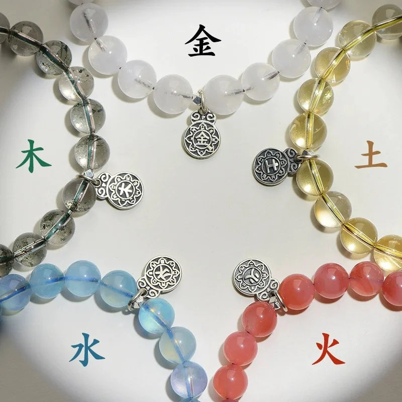 Men and Women's Five-Bracelet Set Golden Wood Water Fire Soil Balance Green Quartz Crystal Bangles