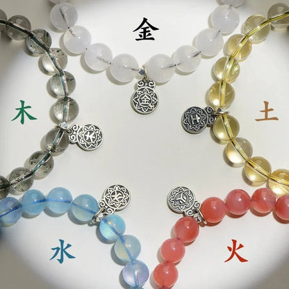 Men and Women's Five-Bracelet Set Golden Wood Water Fire Soil Balance Green Quartz Crystal Bangles