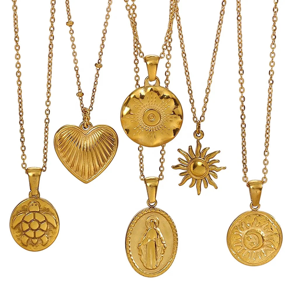 Vintage 18K Gold Titanium Steel Pendant Necklace – Retro Fashion Jewelry for Women