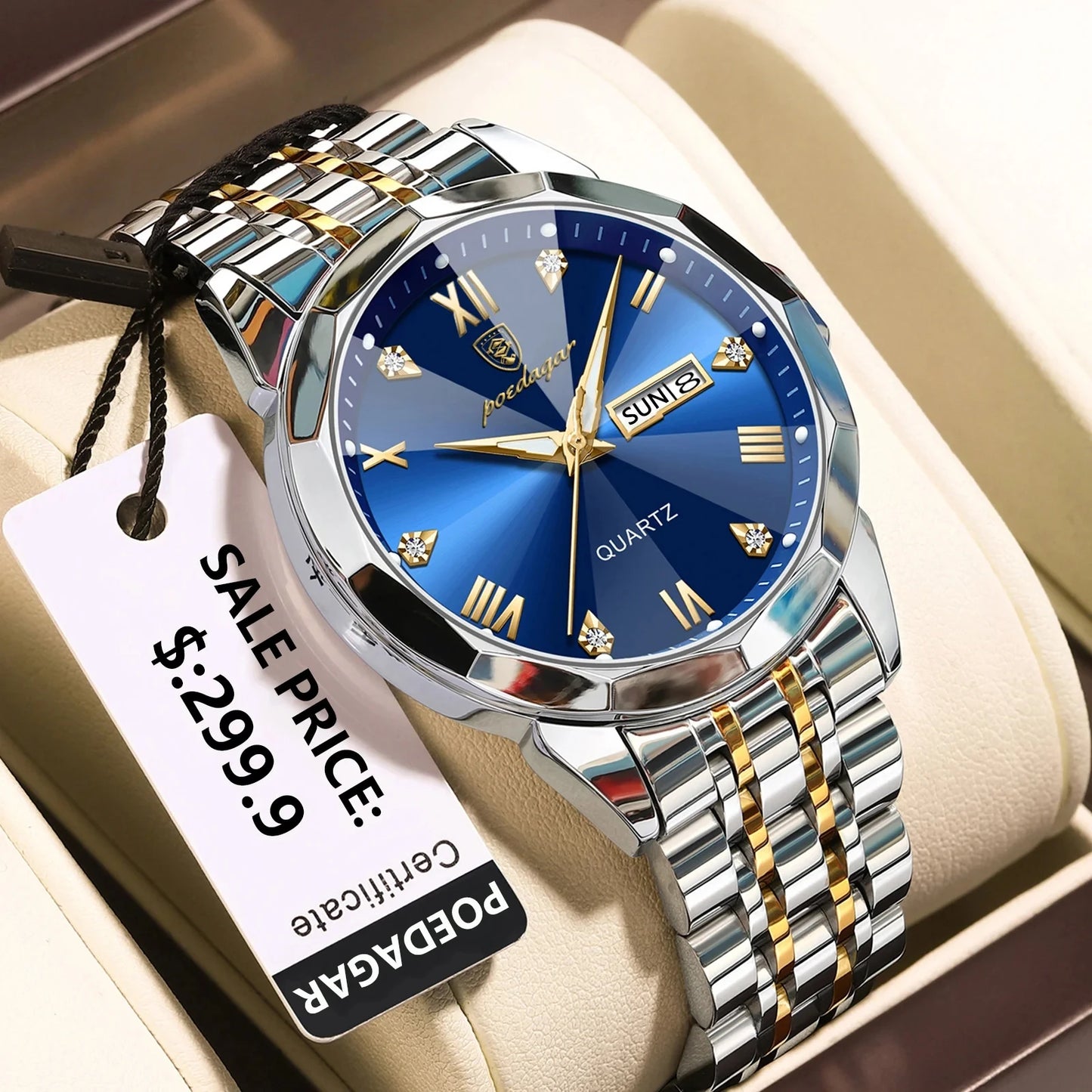 POEDAGAR 810 Men's Luxury Business Watch – Stainless Steel Waterproof Quartz Watch with Luminous Hands, Date Display, and Blue Dial Gerard