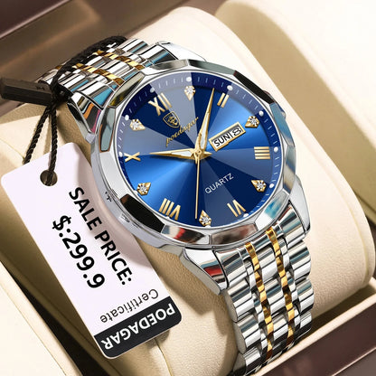 POEDAGAR 810 Men's Luxury Business Watch – Stainless Steel Waterproof Quartz Watch with Luminous Hands, Date Display, and Blue Dial Gerard