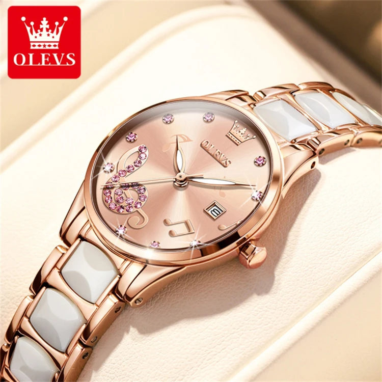 Olevs 3605 Women’s Elegant Ceramic Quartz Watch – Stainless Steel Waterproof Japan Movement Wristwatch, Perfect Gift for Women