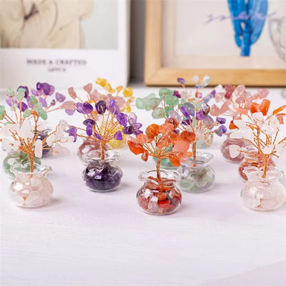 Natural Crystal Fortune Tree – Hand-Woven Mini Crystal Tree Ornaments with Gravel Gems in Glass Vases
