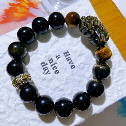 Fortune Feng Shui Gold Obsidian Pixiu Beads Bracelet – Stainless Steel Lucky Amulet Jewelry