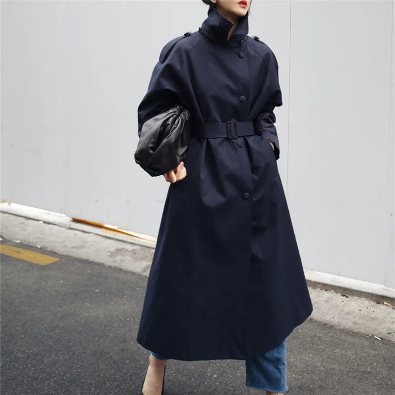 Women's Slim Fit Trench Coat – Mid-Length Korean Style with Standing Collar and Lace-Up Waist for Autumn Cinder