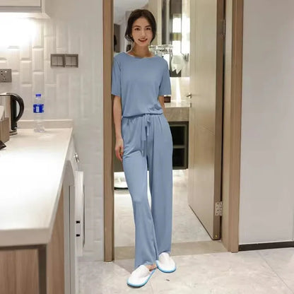 Women's Summer Casual Two-Piece Set – Solid Color Short Sleeve T-Shirt and Wide-Leg Trousers