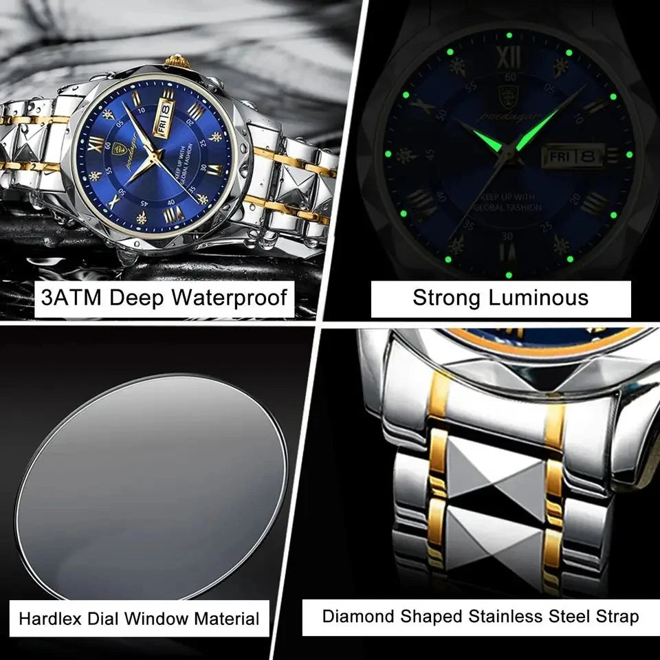 POEDAGAR 615 Waterproof Men's Watch – Luxury Quartz Wristwatch with Date & Week Display