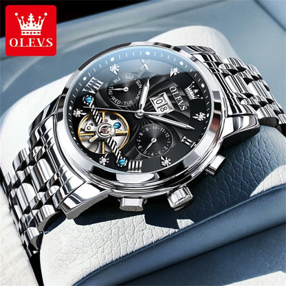 OLEVS 9910 Men's Luxury Tourbillon Watch - Automatic Mechanical, Stainless Steel Strap, Waterproof, Luminous Dial, Auto Date Display, Business Style