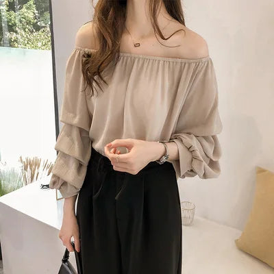Women's Off-Shoulder Chiffon Blouse - Loose Lantern Sleeve Top Lara